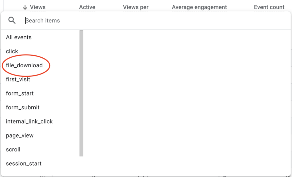 Event count menu, red circle around "file_download".